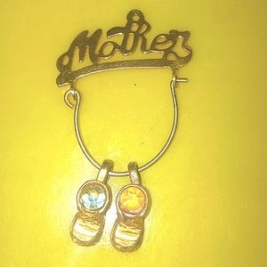 Vintage Mother Baby Boot Charms Brooch Pendant Faux Rhinestones